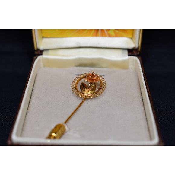 Vintage Signed Rose Flower Stick Pin, 14K Gold Overlay, In Original Box - Picture 4 of 10
